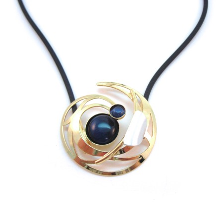 Shiny Gold Navy Cats Eye and Black Rubber Necklace - Click Image to Close